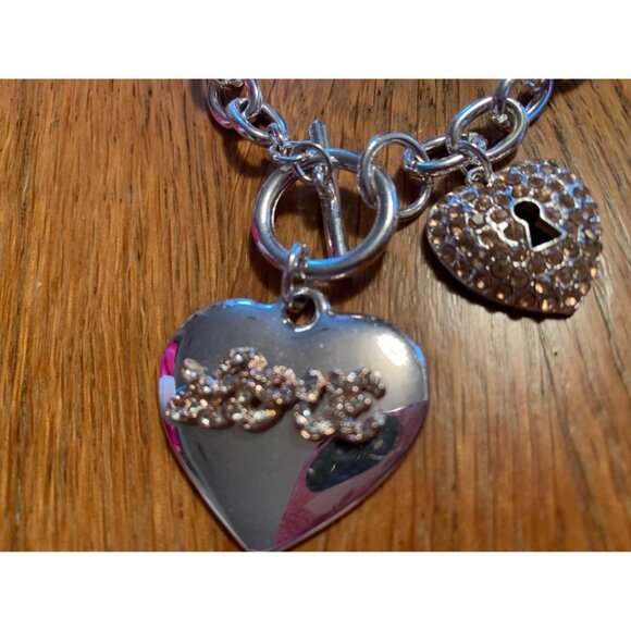 Silver Heart Charm Bracelet with Toggle Clasp Rhinestone Accents - Picture 4 of 4